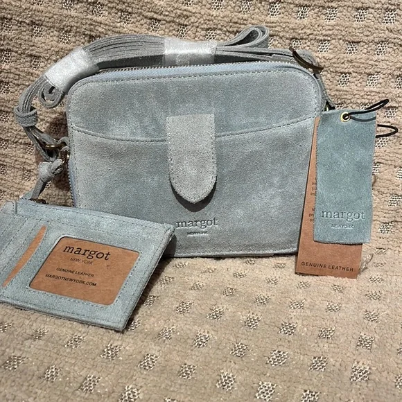 Margot light blue suede camera style crossbody bag with card holder